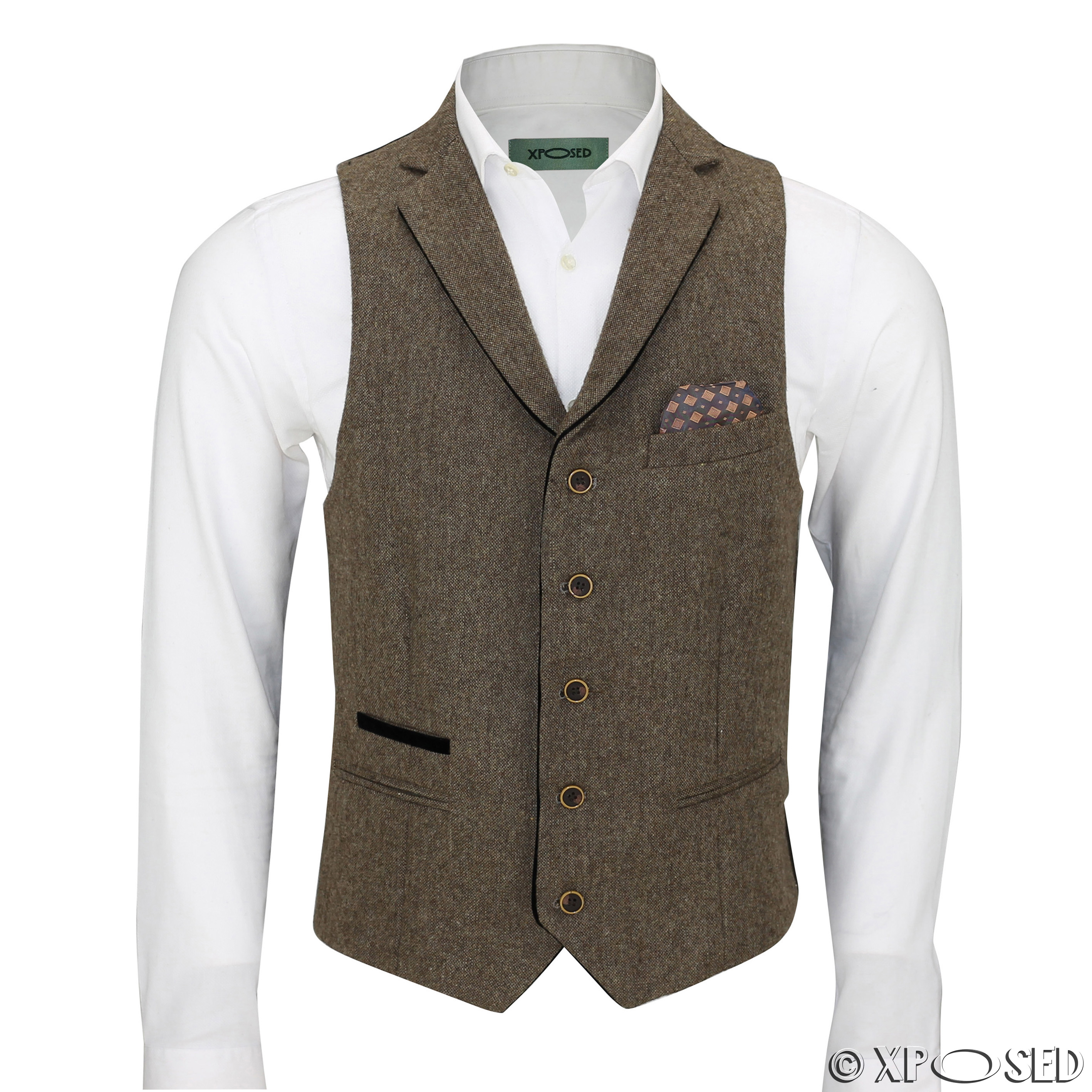 New Mens Wool Mix Herringbone Tweed Vintage Collar Waistcoat Tailored